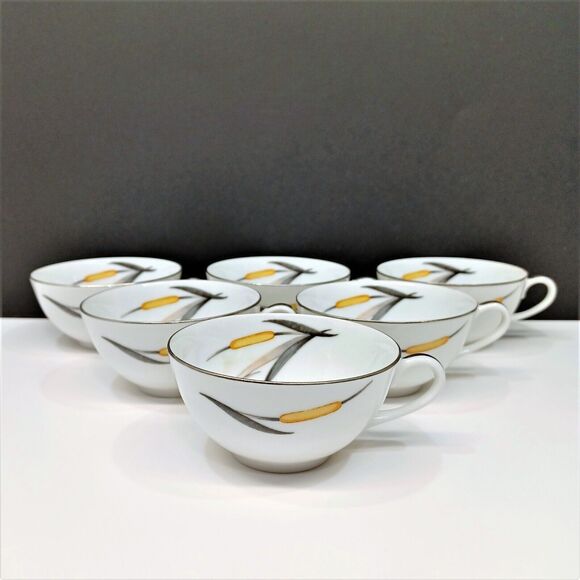 Set/6 Sango Del Mar Coffee Cups Teacups yellow cattails platinum trim MCM - Picture 1 of 4